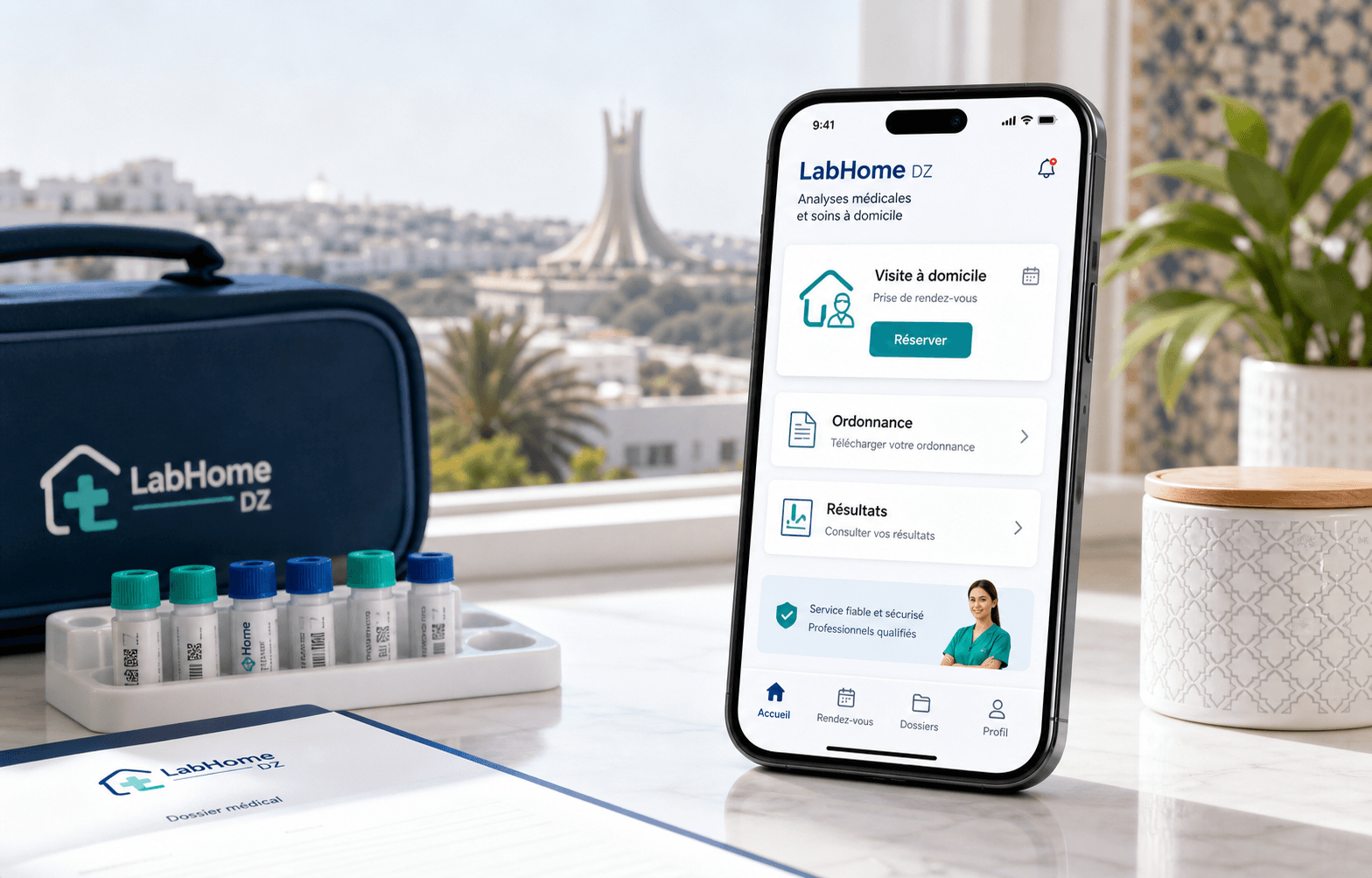 Application LabHome DZ affichee sur un telephone avec un kit de prelevement a domicile